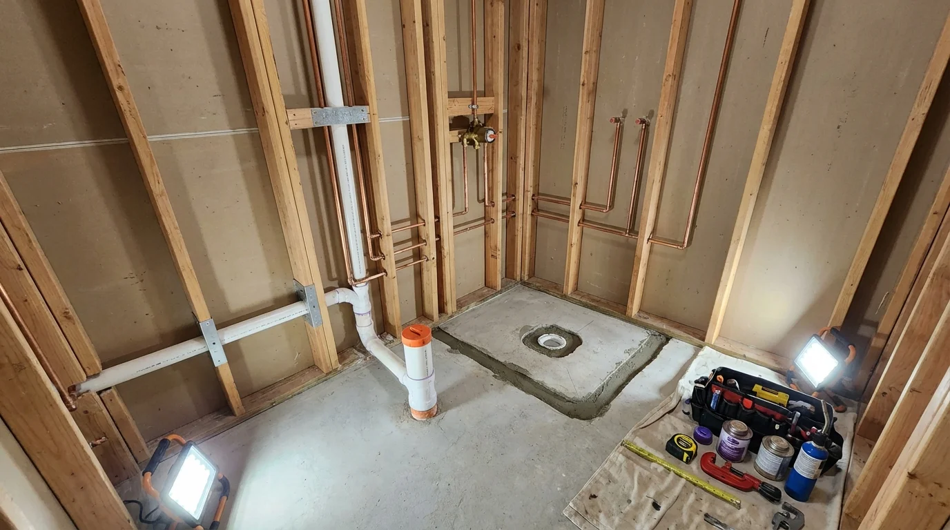 Bathroom rough-in plumbing during remodel by Johns Plumbing LLC in Bald Knob