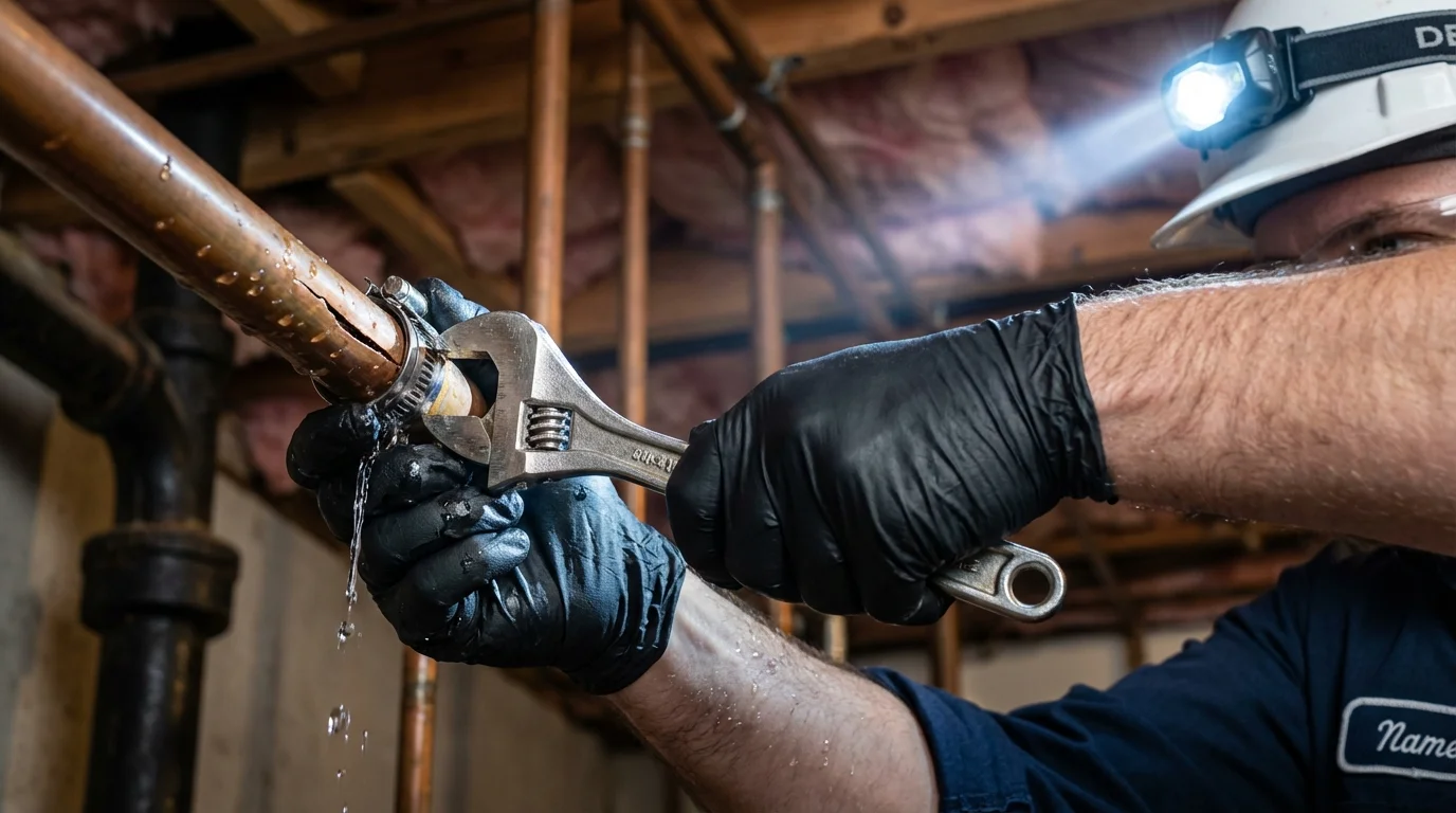 Emergency pipe clamp repair being performed by a Johns Plumbing LLC plumber in Bald Knob