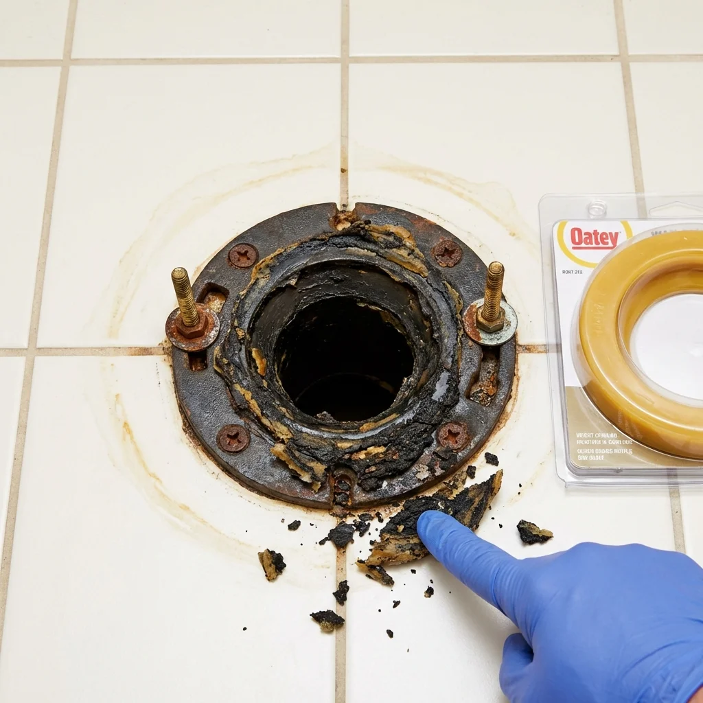 Failed wax ring showing water seepage at the base of a toilet in a Bald Knob, AR home