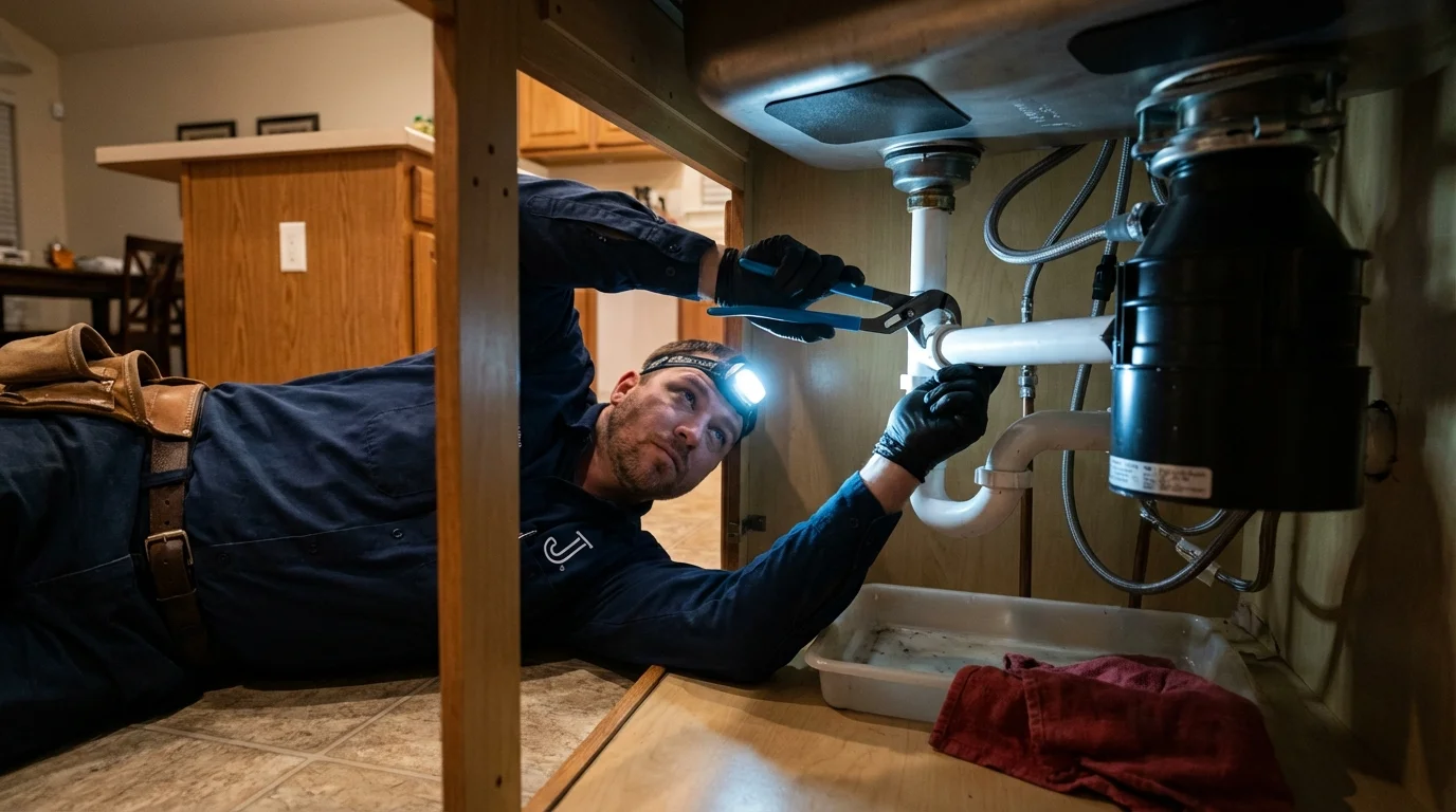 P-trap and supply line connections under a kitchen sink showing a common leak point in Bald Knob, AR